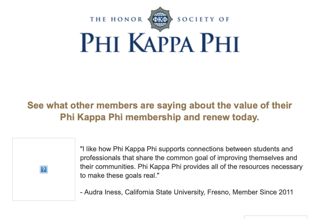 Reengagement email example from Phi Kappa Phi