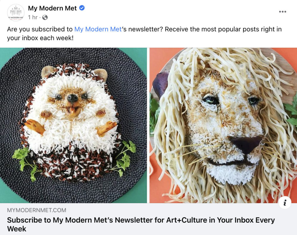 Facebook post from My Modern Met encourages people to check out their newsletter