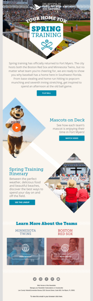 Spring Training at Fort Myers email balance text with images