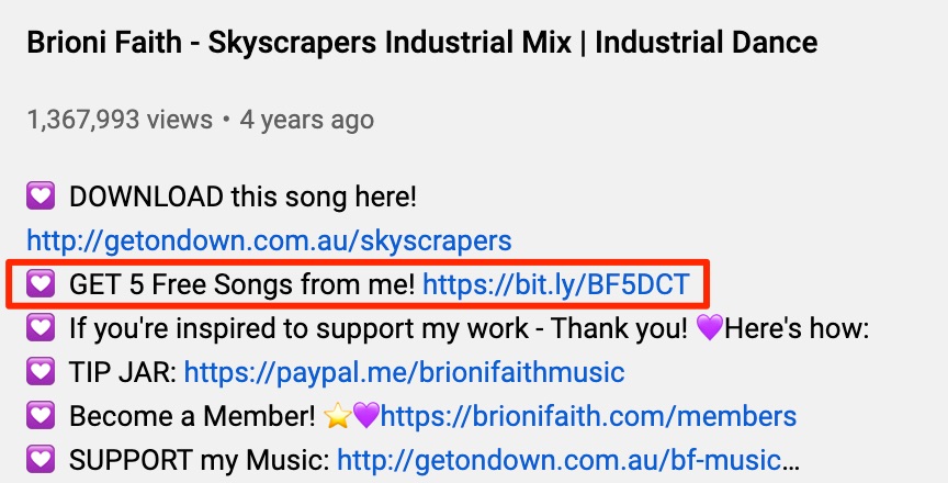 Screenshot of Brioni Faith's youtube channel that says "Get 5 Free Songs from me! Offering a nice giveaway is an ideal way to build an email list from scratch.