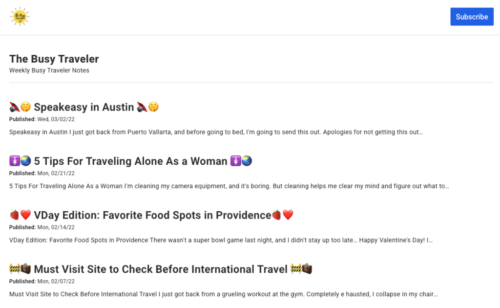 The Busy Traveler's Newsletter Hub, an archive of their previous emails.