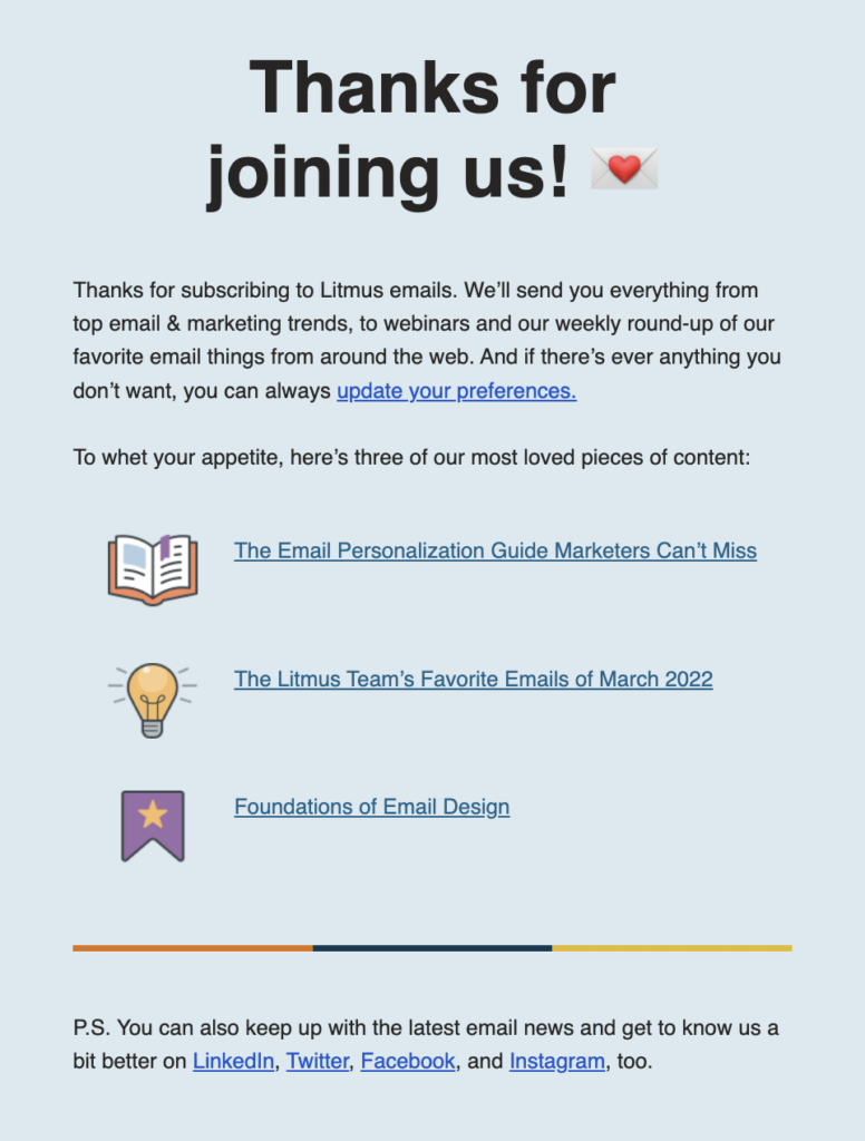 This is a beautifully-designed welcome email from the email geeks at Litmus.