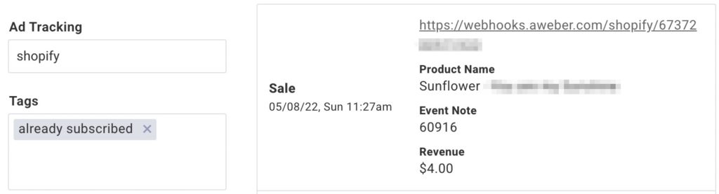 A screenshot of the individual subscriber showing a Sale action item.