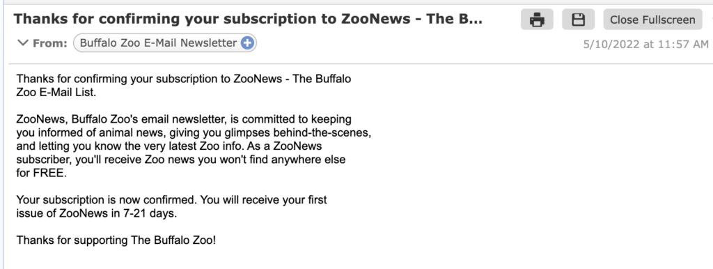 Confirmation email example from ZooNews
