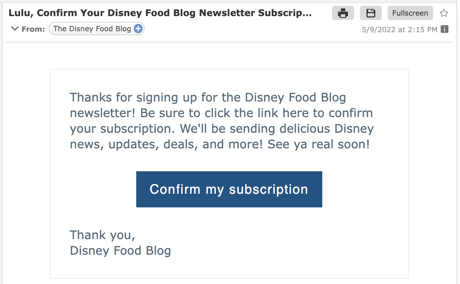 ejemplo de correo electrónico de confirmación de Disney Food Blog