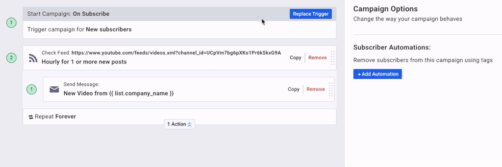 GIF of setting up the RSS campaign to trigger on tag auto-newsletter, a YouTube channel feed, then check hourly.