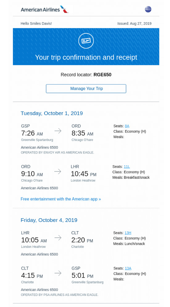 American Airlines Booking Confirmation Email