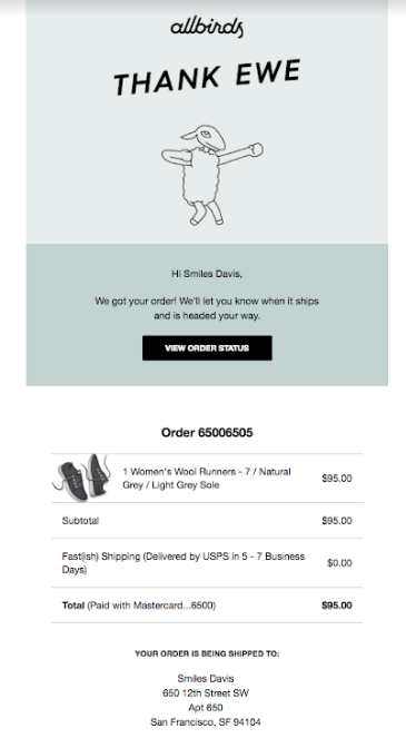 Order confirmation email from Allbirds