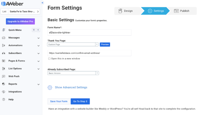 Landing page settings in AWeber account