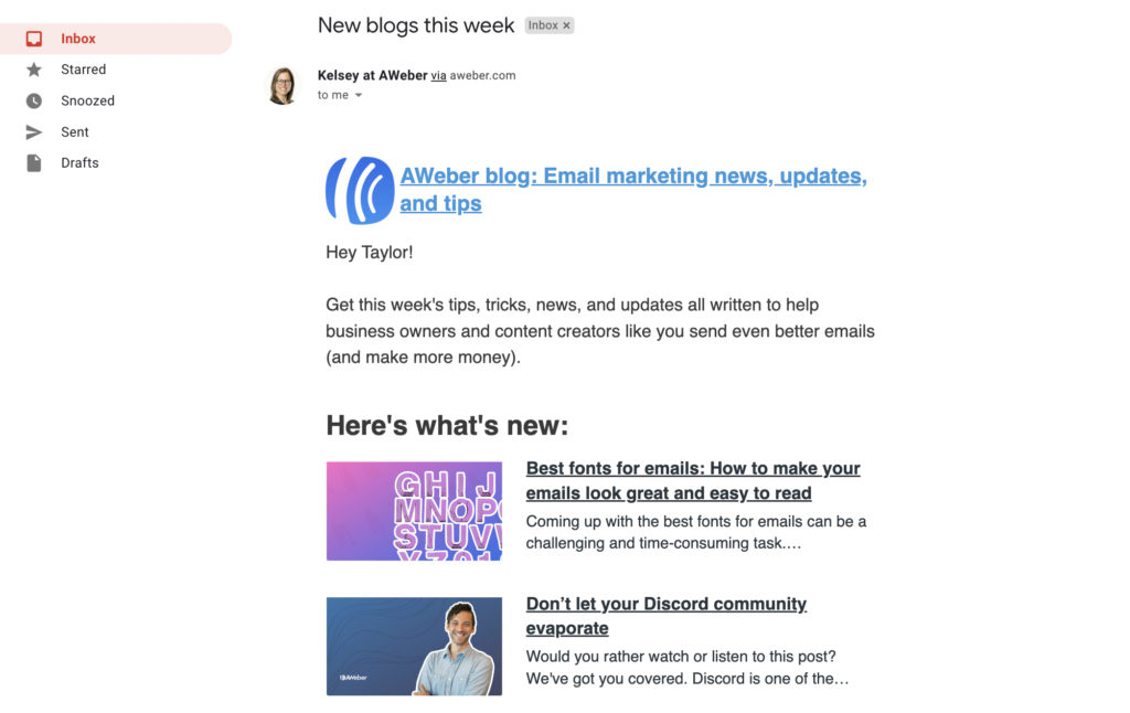 An example of an automatic blog notification newsletter