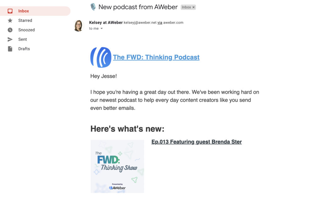 The AWeber podcast in a Gmail inbox.