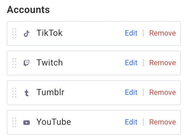 Accounts set up for TikTok, Twitch, Tumblr, and YouTube.
