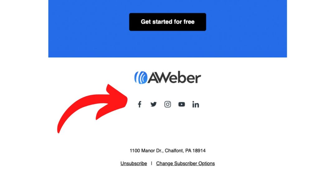Facebook, Twitter, Instagram, YouTube, and LinkedIn icons at the bottom of an AWeber email.