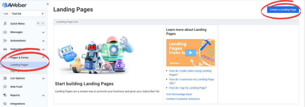 Getting started setting up a landing page in AWeber