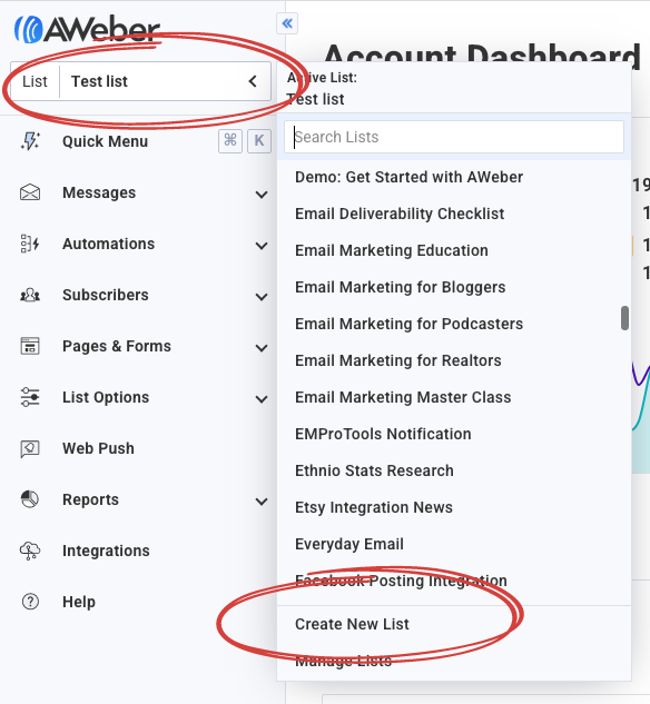 How to create new list in AWeber