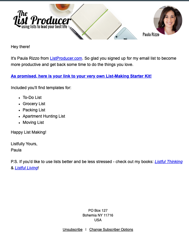 Paula Rizzo automated email for her lead magnet