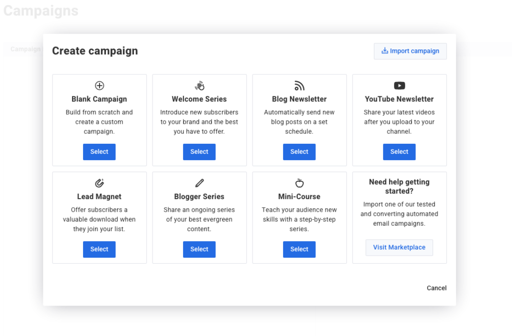 Choose a template campaign or start from scratch in AWeber