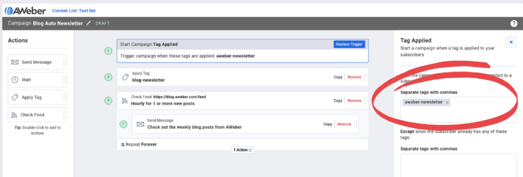 Applying tag in AWeber account