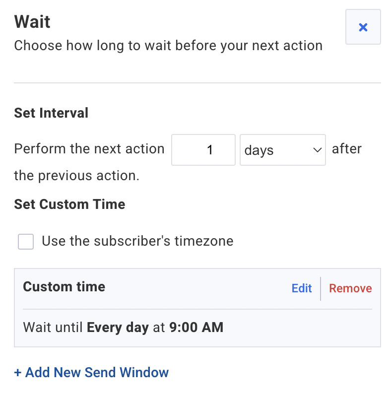 AWeber dashboard screenshot showing Wait time options including "Use the subscriber's timezone."