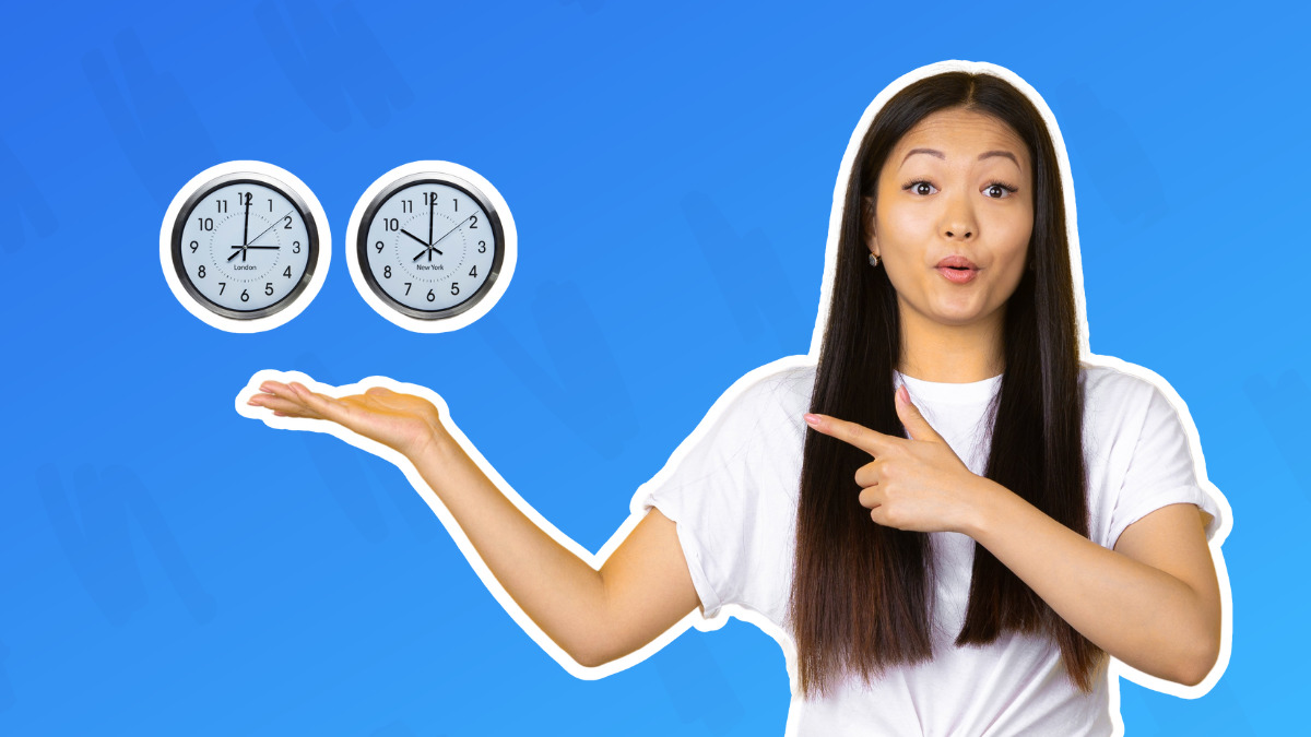 A woman pointing at two clocks in different time zones.