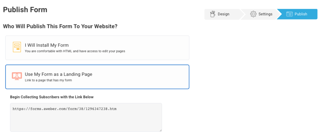 Example of publishing a sign up form using the form as a landing page