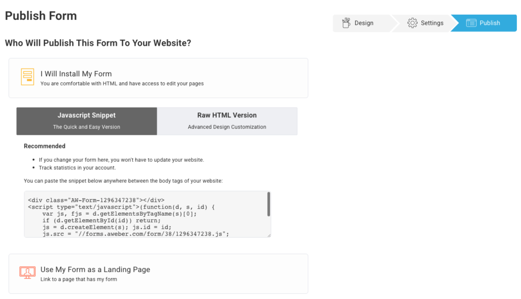 Example of how to publish sign up form using HTML
