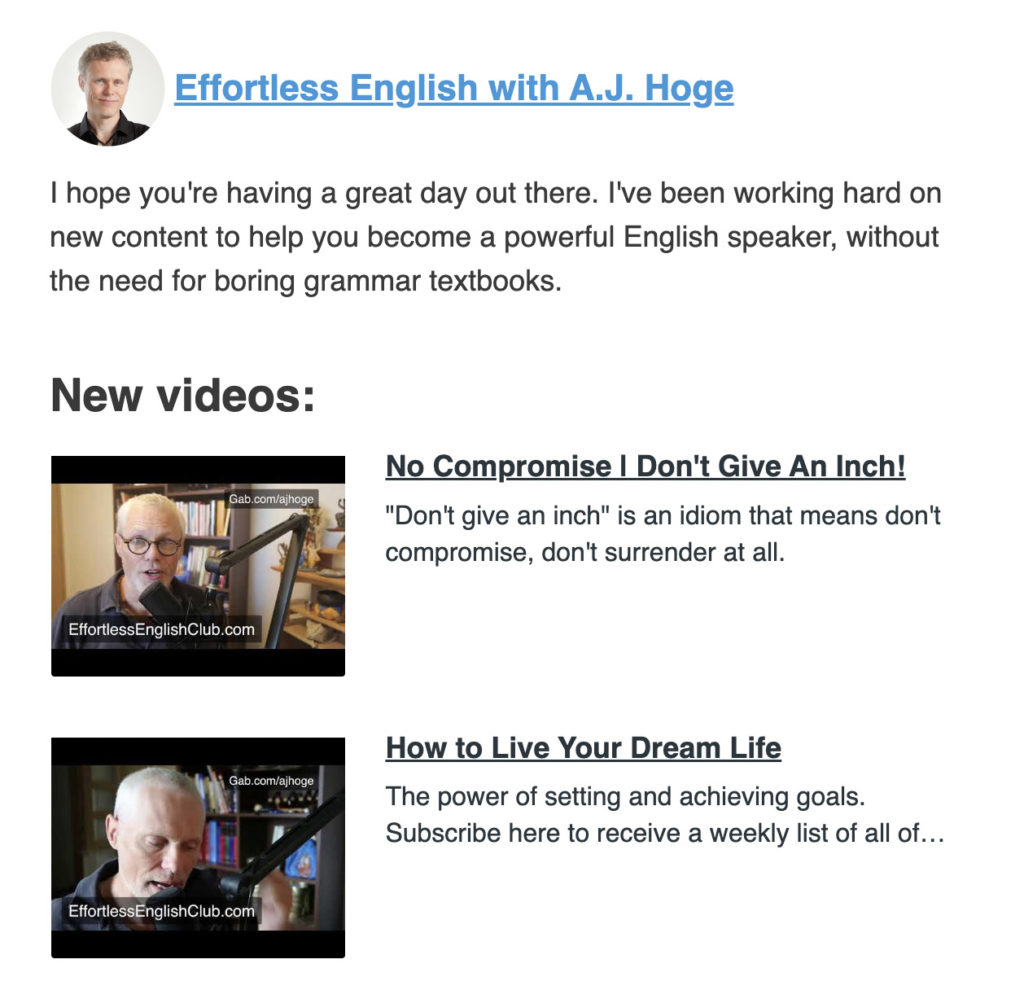 automatically generated email from AJ Hoge of Effortless English