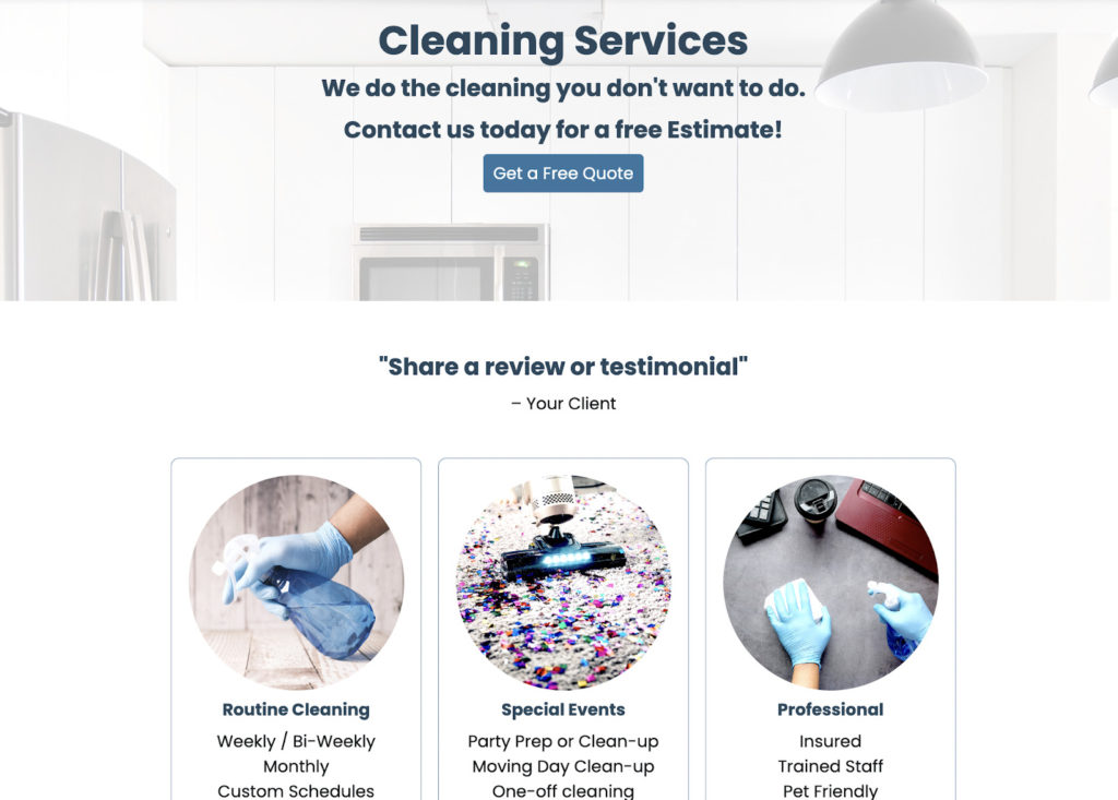A services page template with cleaning services as an example. Click to copy it into your AWeber account.