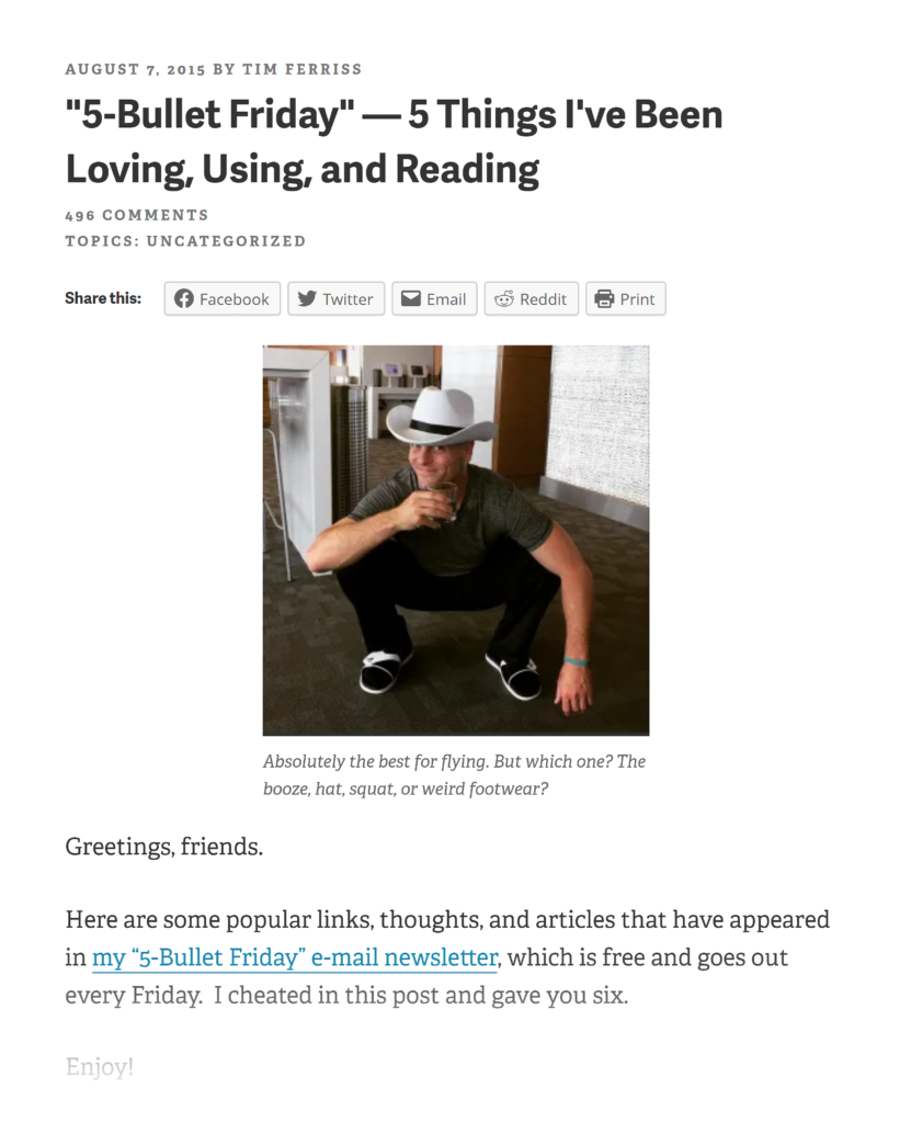 An example of Tim Ferriss's newsletter.