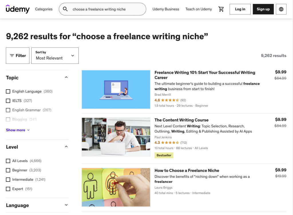 sample search on udemy for “choose a freelance writing niche.”