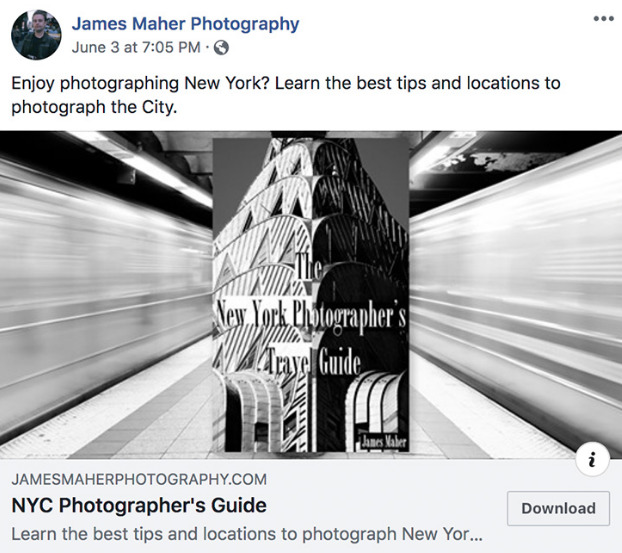 Anuncio de Facebook para la guía de fotografía de Nueva York de James Maher
