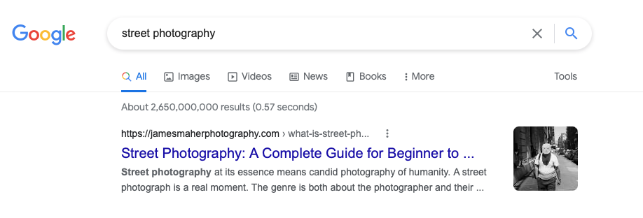 Google search for street photography shows James Maher in the number 1 position