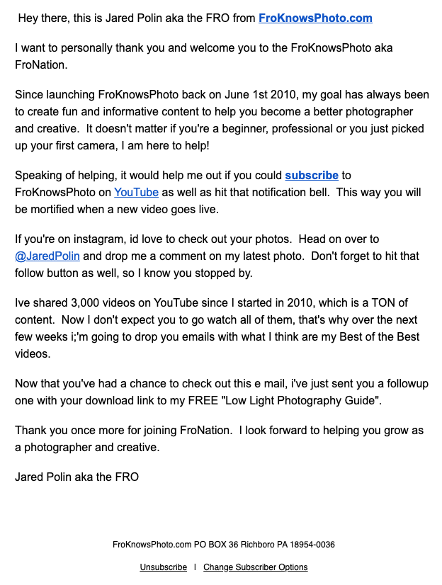Jared Polin's welcome email