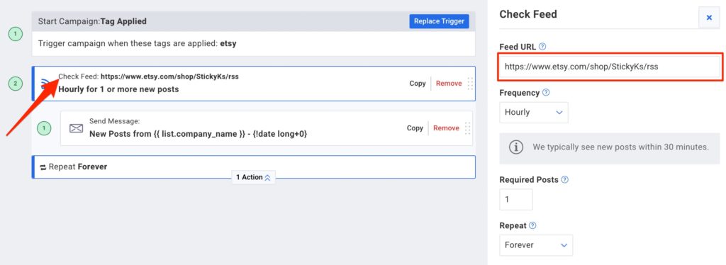 Click on check feed trigger and add your Etsy URL under the "Feed URL" field.
