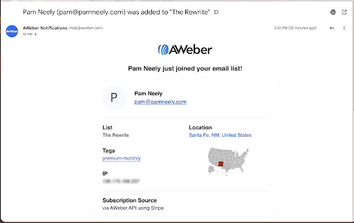 Confirmation email showing new subscribers signed up for newsletter