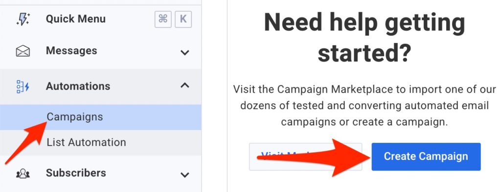 Campagnes sous automatisations dans le menu AWeber.  Cliquez ensuite sur Créer une campagne.