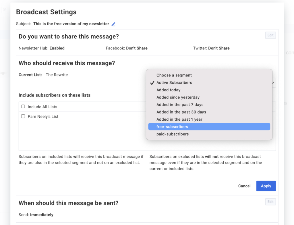 settings to send a newsletter to free subscribers