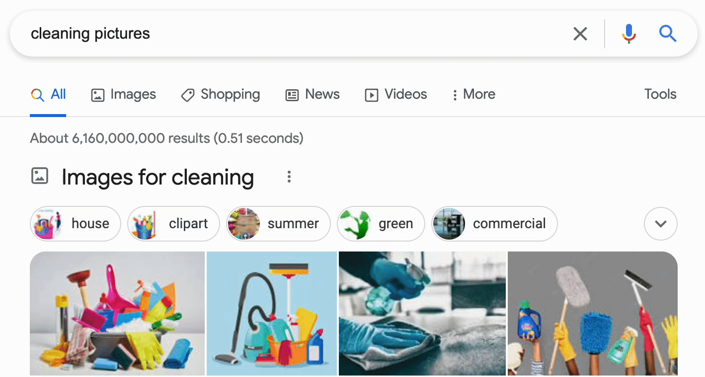 A gif searching for "cleaning pictures" then clicking images, tools, and usage rights.