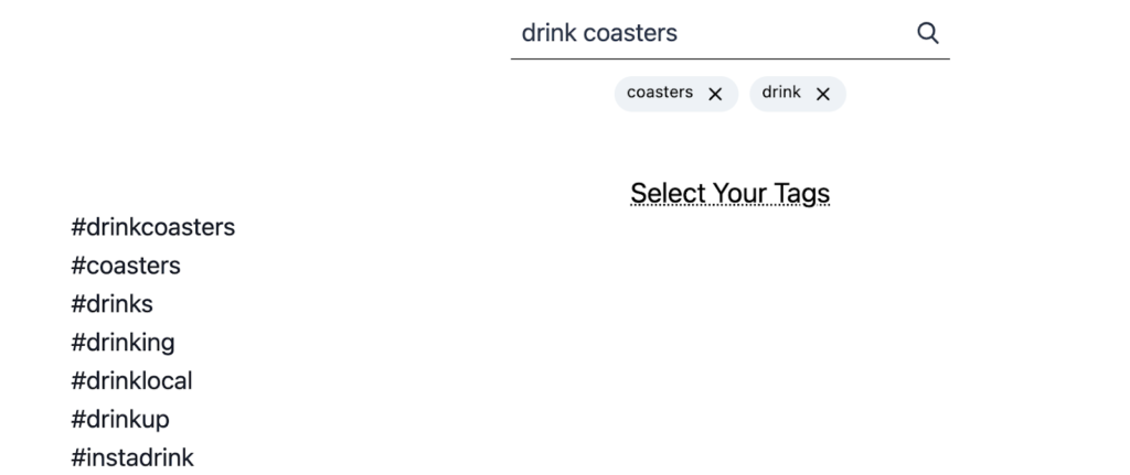 GravTag search for "drink coasters" which brings up #drinkcoasters, #coasters, #drinks, #drinking, etc.