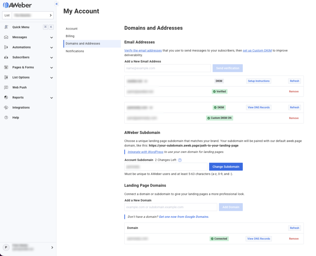 Where to find the landing page domain settings in your AWeber account