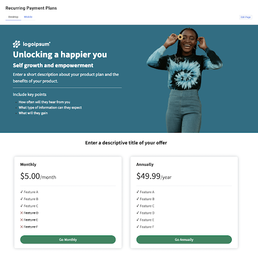 an ecommerce landing page with two products