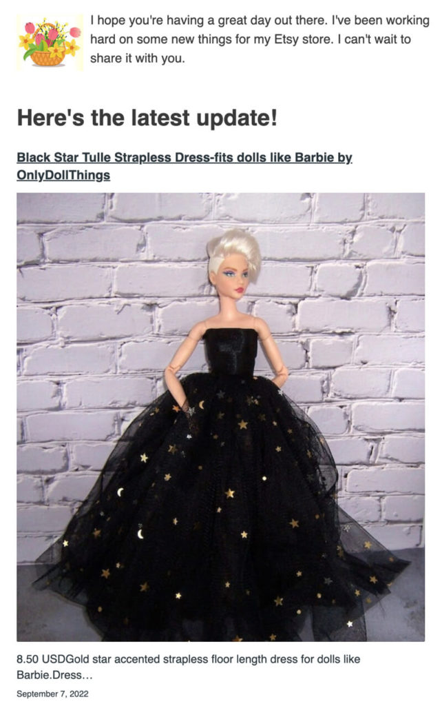 Only Doll Things email with their newest doll outfit.