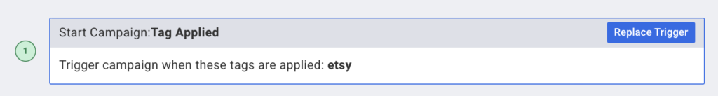 Start campaign: Tag applied. Trigger campaign when these tags are applied: etsy.