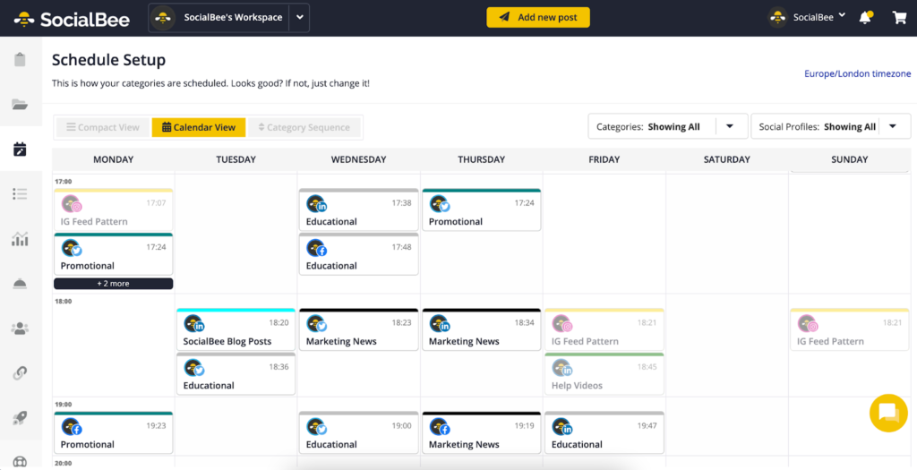 A picture of the SocialBee scheduling dashboard.