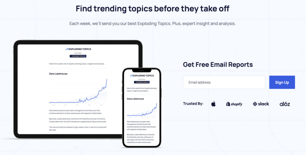 Exploding Topics newsletter sign up page that reads "Find trending topics before they take off" and CTA header "Get Free Email Reports"
