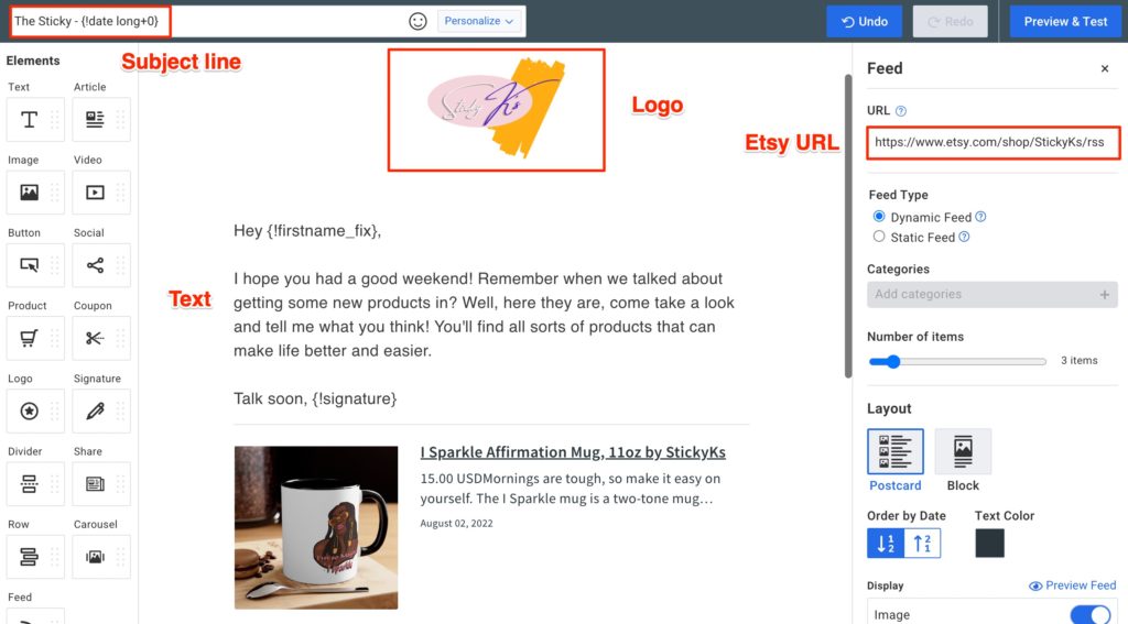 L'e-mail de Sticky K a une ligne d'objet, un logo, une URL Etsy et un texte qui apparaîtront dans chaque e-mail.