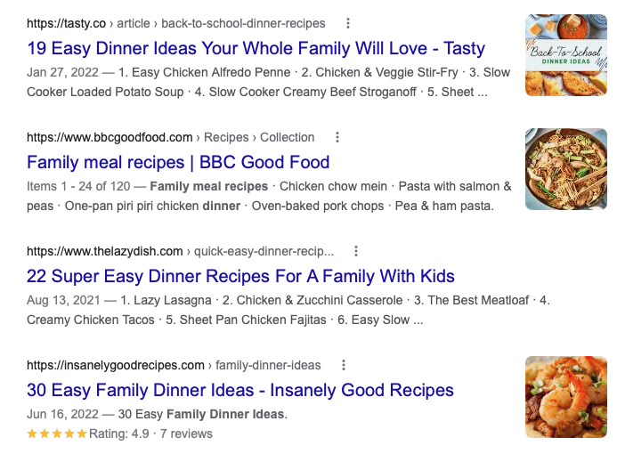 Google search for "dinner ideas for families"