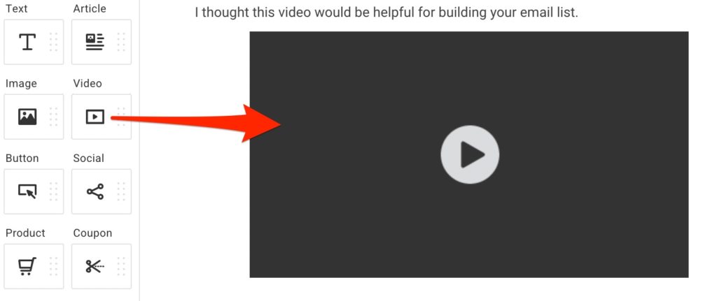 Add Video element from left into AWeber email message.