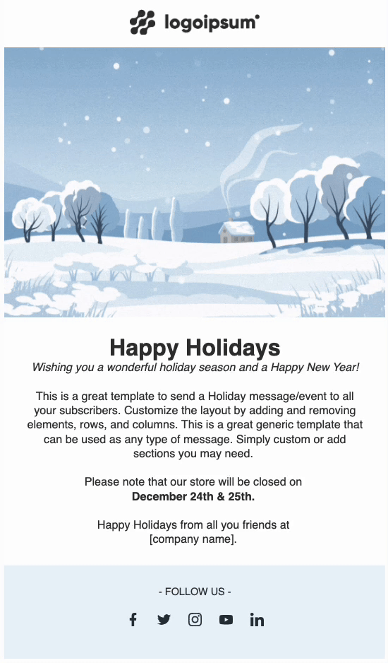Happy holidays email template with snow flake GIF
