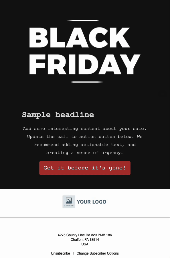 Black Friday email template using a sale GIF to draw attention